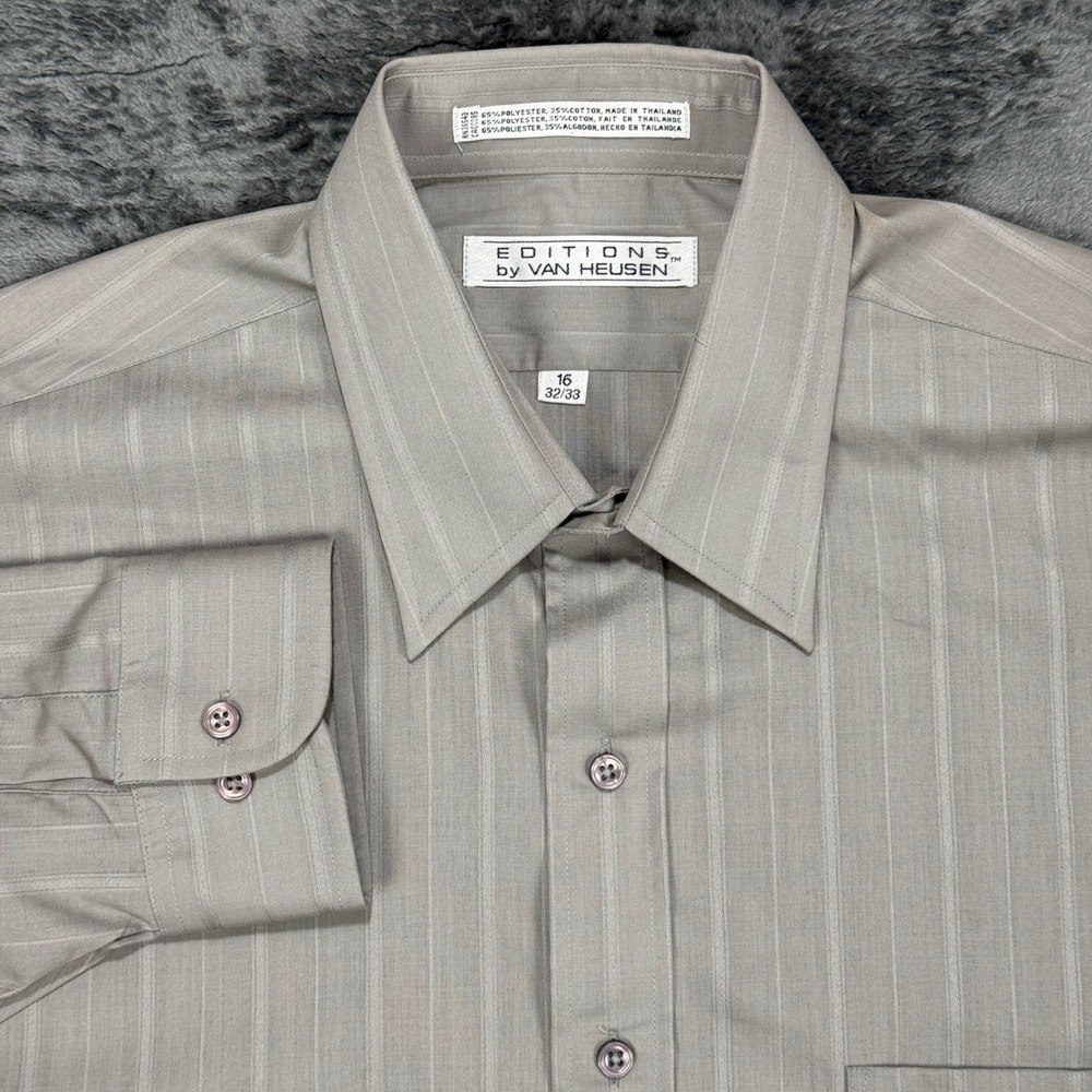 Van Heusen Button Down Shirt Men 16 32/33 Grey Striped Long Sleeve Dress Shirt